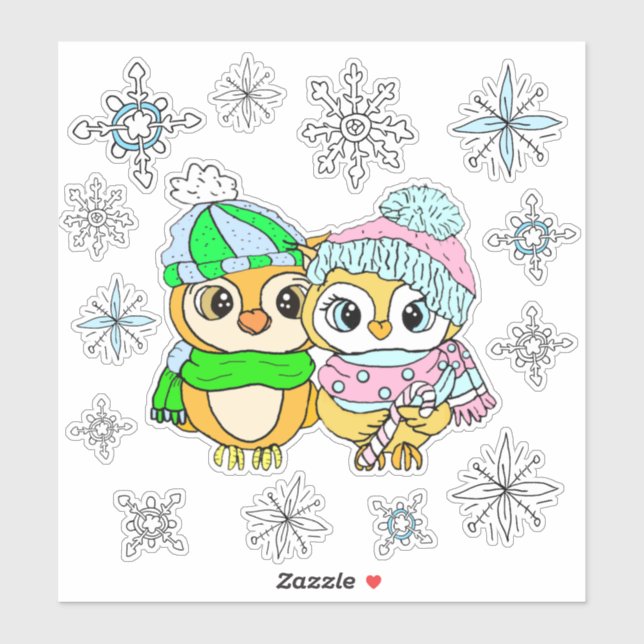 Whimsical Owls Couple and Snowflakes (Sheet)