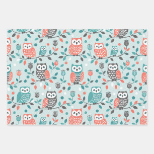 Whimsical Owls in Floral Branches - Illustrative, Wrapping Paper Sheet