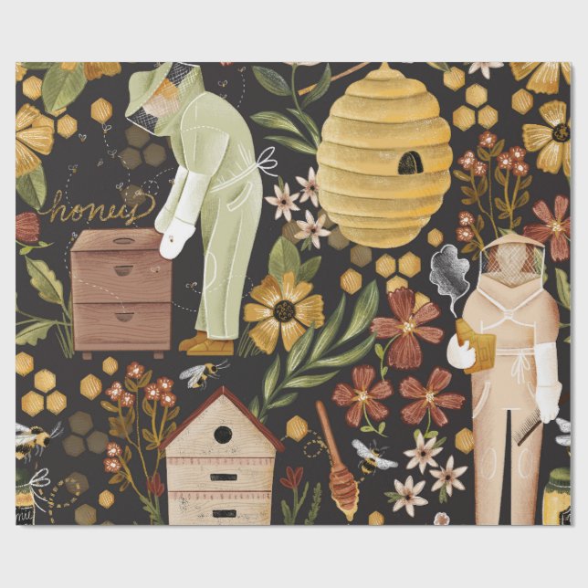 Whimsical Painted Bee Hives Beekeeper Honey Wrapping Paper (Flat)