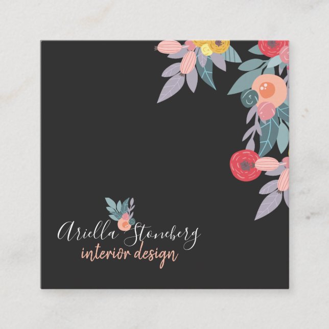 Whimsical Painted Bloom | Floral On Black Square Business Card (Front)