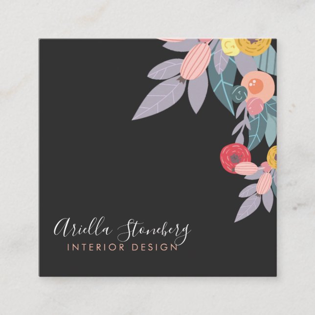 Whimsical Painted Bloom | Floral On Black Square Business Card (Front)