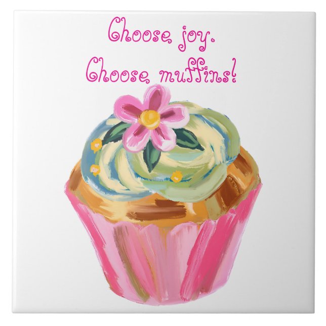Whimsical Painted Muffin Art with Pink Flower Tile (Front)