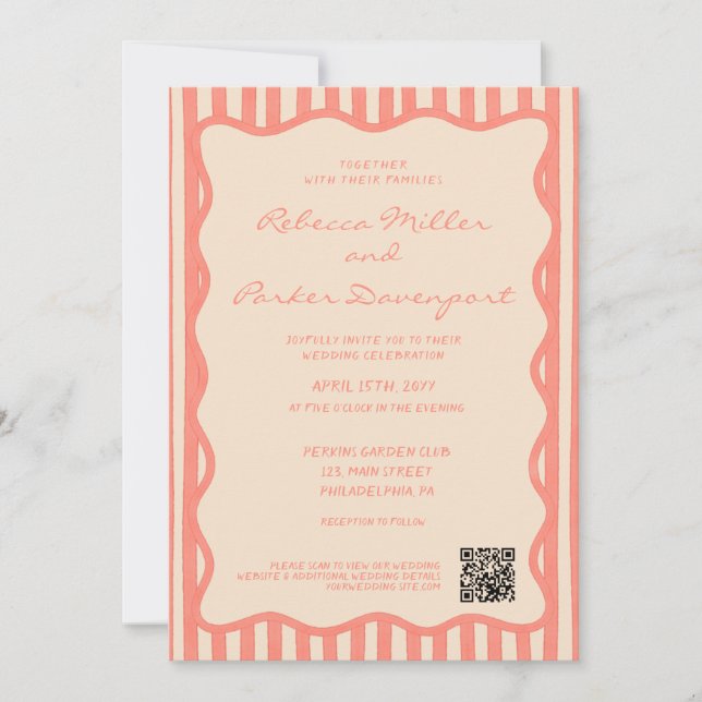 Whimsical Painted Pinstripes Wedding QR Code Invitation (Front)