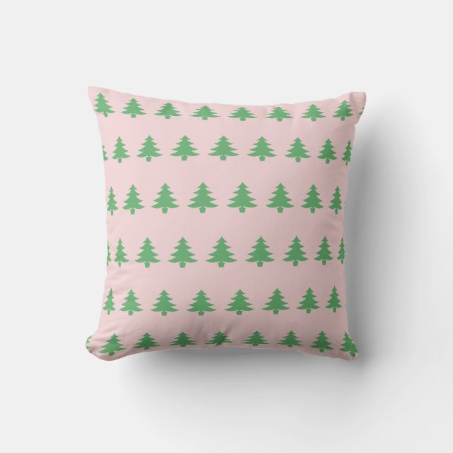 Whimsical Pale Pink and Green Christmas Trees Cushion (Front)