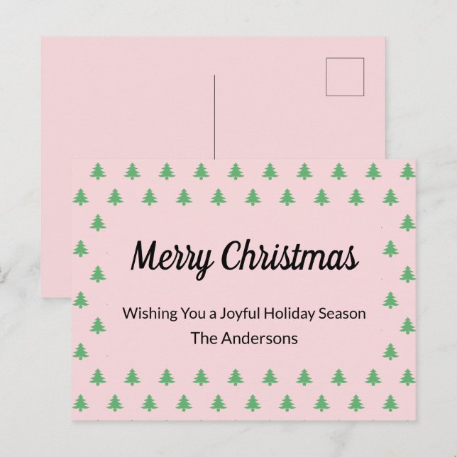 Whimsical Pale Pink and Green Christmas Trees Holiday Postcard (Front/Back)