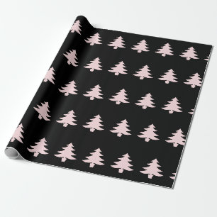 Whimsical Pale Pink Christmas Trees on Black Wrapping Paper
