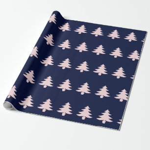 Whimsical Pale Pink Christmas Trees on Dark Blue Wrapping Paper