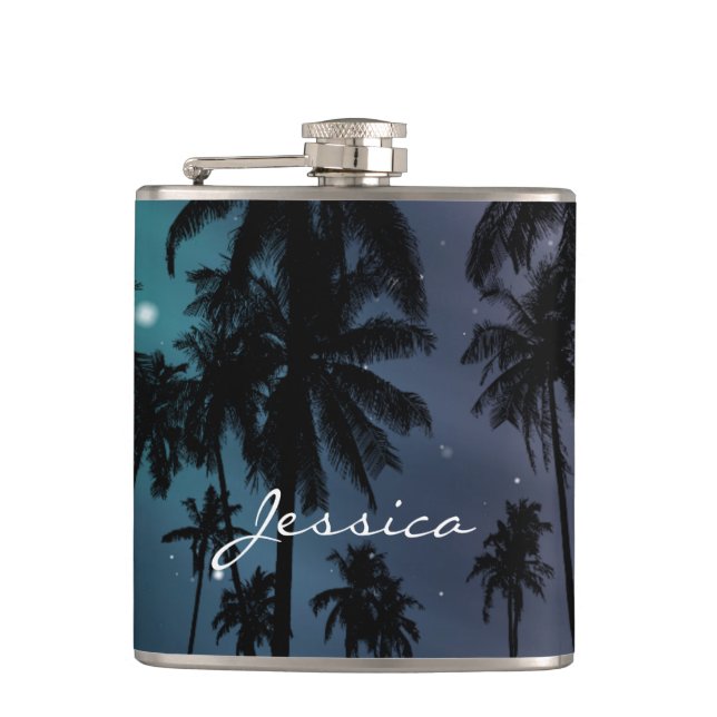 Whimsical Palm Trees and Starry Night Personalised Hip Flask (Front)