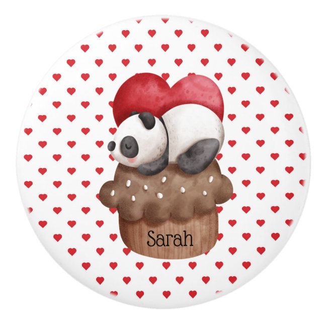 Whimsical Panda Bear on A Cupcake  Monogrammed   Ceramic Knob (Front)