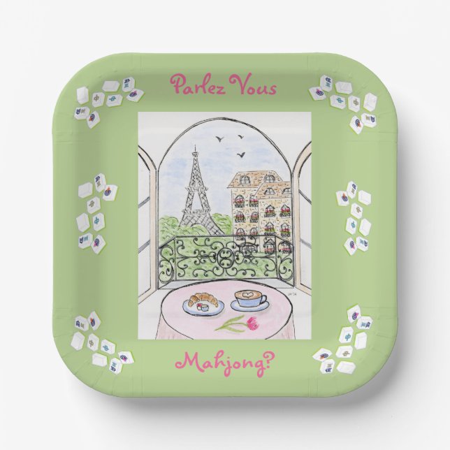 Whimsical Paris and Eiffel Tower Parley MAHJONG Paper Plate (Front)