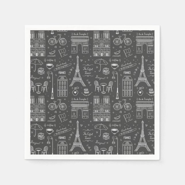 Whimsical Paris Doodles Pattern  Napkin (Front)