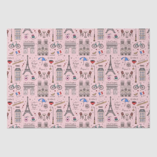 Whimsical Paris Doodles Pink  Tissue Paper (Front)