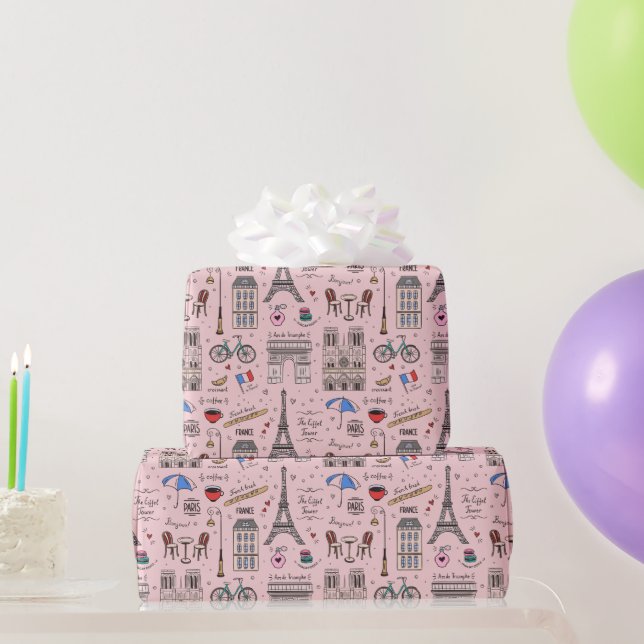 Whimsical Paris Doodles Pink Wrapping Paper (Party Gifts)