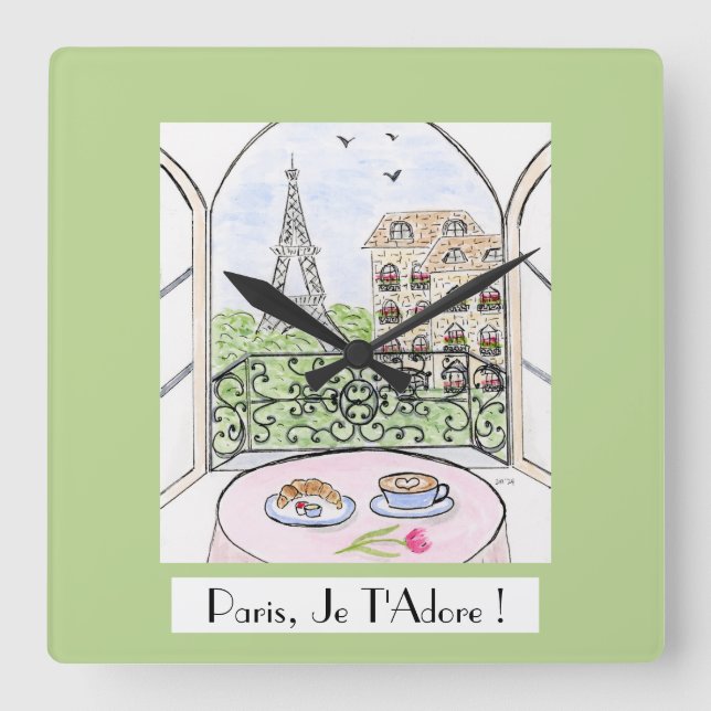 Whimsical Paris Eiffel Tower I Adore You! Square Wall Clock (Front)