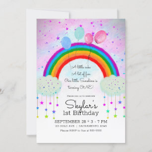 Whimsical Party Balloons Rainbow Stars 1st 1 Invitation