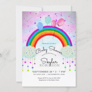 Whimsical Party Balloons Rainbow Stars Baby Shower Invitation