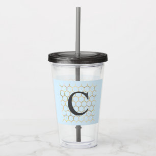 Whimsical Pastel Blue Hexagon Modern Monogram Acrylic Tumbler