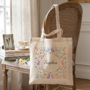 Whimsical Pastel Bunny Floral Wreath Personalised Tote Bag