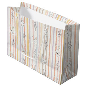 Whimsical Pastel Bunny Lavender Spring Stripe Large Gift Bag