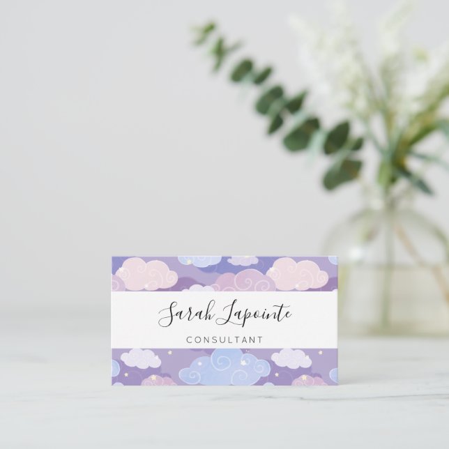 Whimsical Pastel Clouds and Stars Pattern Business Card (Standing Front)