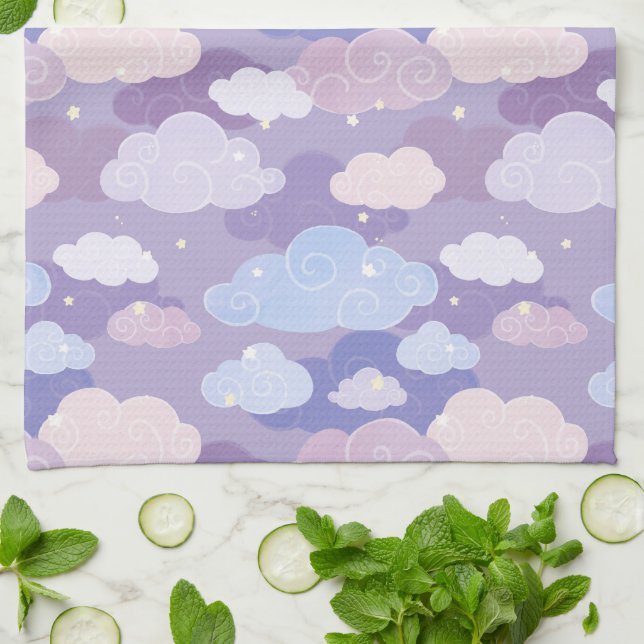 Whimsical Pastel Clouds and Stars Pattern Tea Towel (Folded)