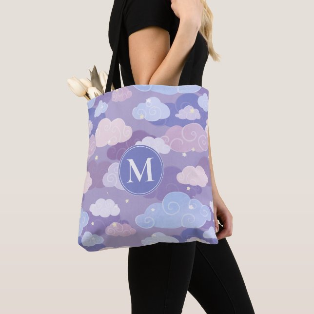 Whimsical Pastel Clouds and Stars Pattern Tote Bag (Close Up)