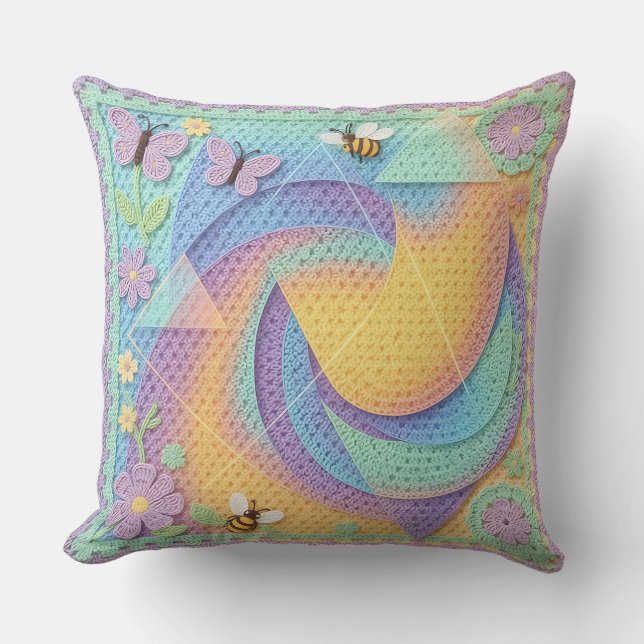 Whimsical Pastel Crochet Garden Pattern  Cushion (Front)