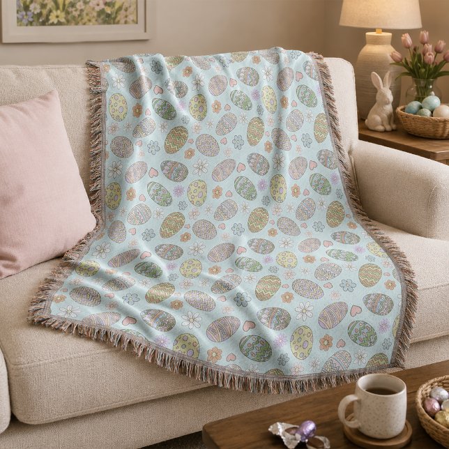 Whimsical Pastel Cute Easter Eggs Floral Patter Throw Blanket (Creator Uploaded)