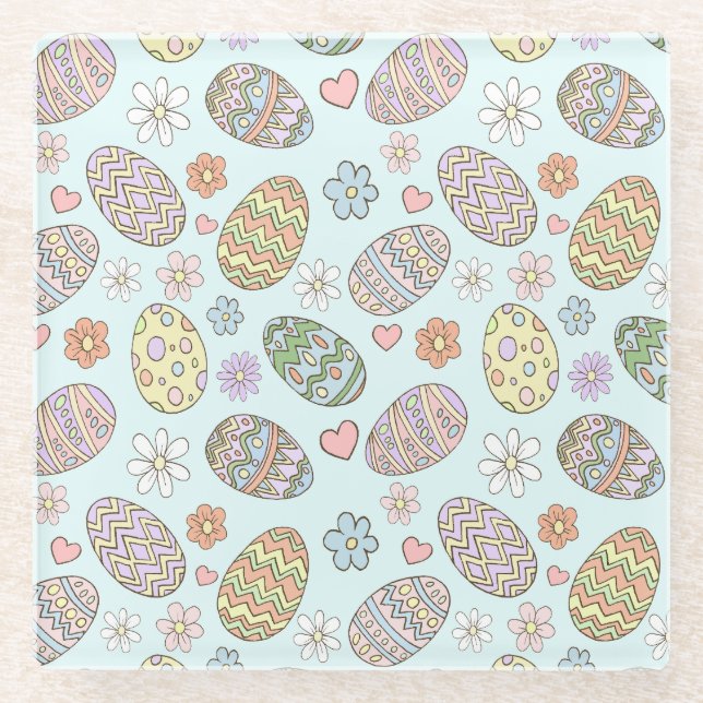 Whimsical Pastel Cute Easter Eggs Floral Pattern Glass Coaster (Front)