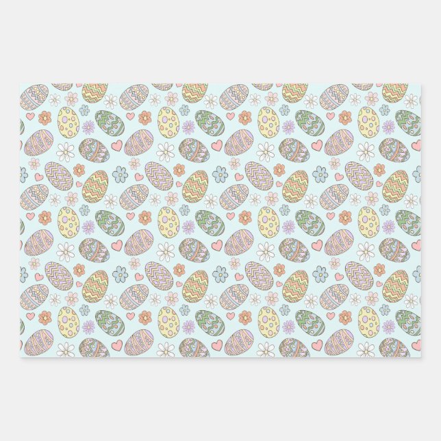Whimsical Pastel Cute Easter Eggs Floral Pattern Wrapping Paper Sheet (Front 2)
