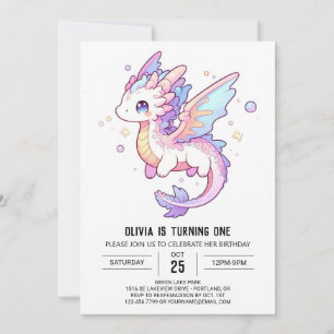 Whimsical Pastel Dragon 1st Birthday Invitation