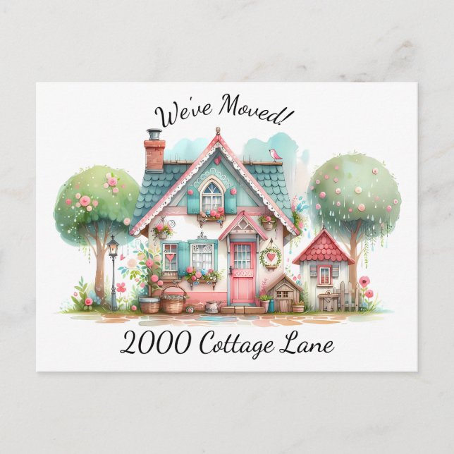 Whimsical Pastel Fairy Tale Cottage Art Announcement Postcard (Front)
