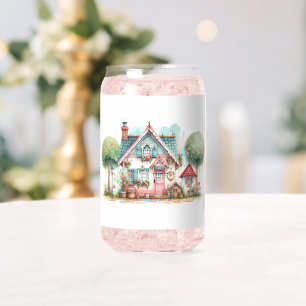 Whimsical Pastel Fairy Tale Cottage Art Can Glass