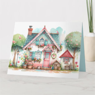 Whimsical Pastel Fairy Tale Cottage Art Card