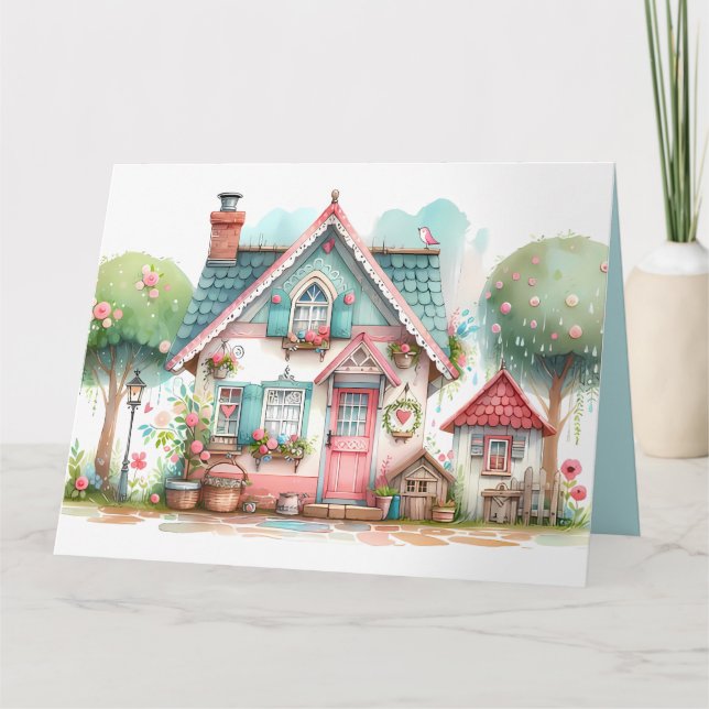 Whimsical Pastel Fairy Tale Cottage Art Card (Front)
