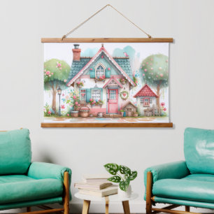 Whimsical Pastel Fairy Tale Cottage Art Hanging Tapestry