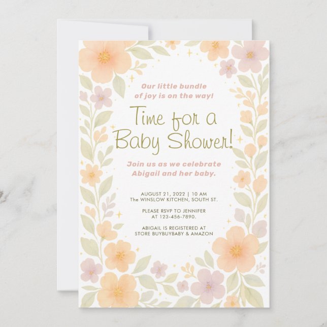 Whimsical Pastel Floral Watercolor Baby Shower Invitation (Front)