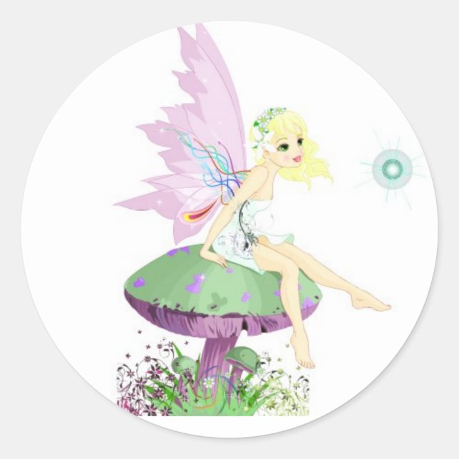 Whimsical pastel Garden fairy sitting on mushroom Classic Round Sticker (Front)