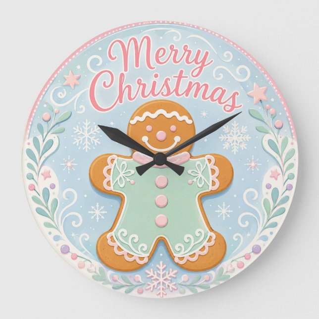 Whimsical Pastel Gingerbread Man Large Clock (Front)