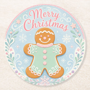 Whimsical Pastel Gingerbread Man Round Paper Coaster
