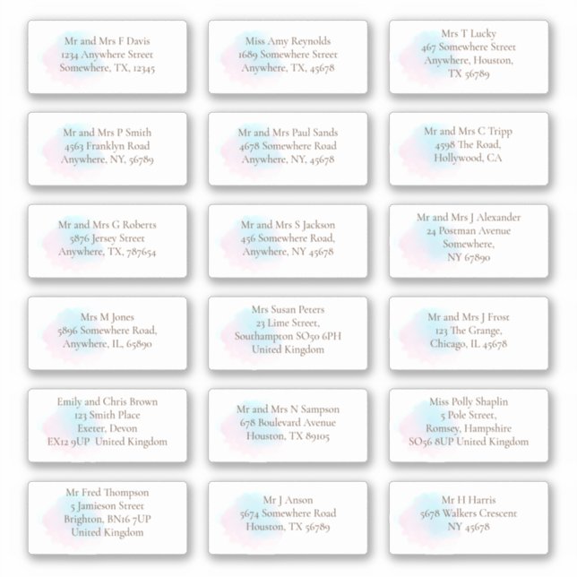 Whimsical Pastel Guests Individual Names Addresses (Front)