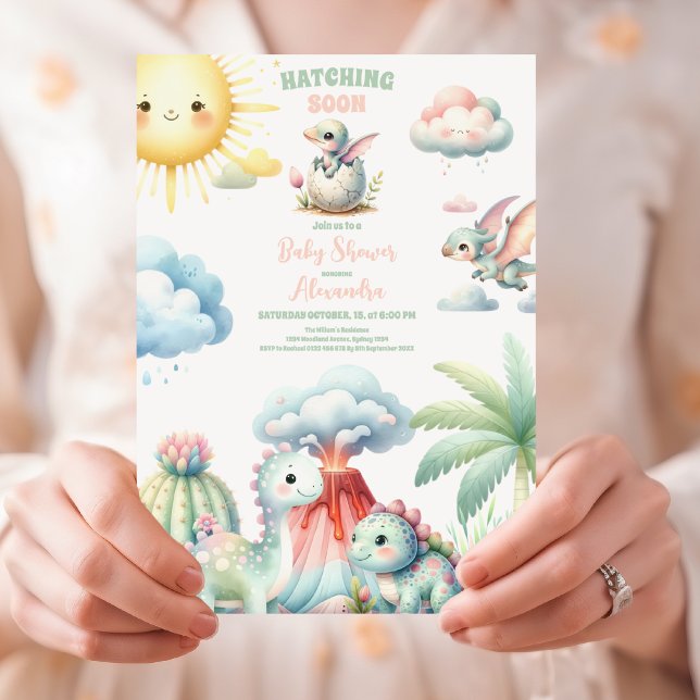 Whimsical Pastel Hatching Soon Dino Baby Shower Invitation (Creator Uploaded)