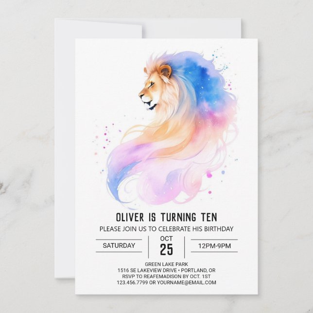Whimsical Pastel Lion Birthday Invitation (Front)