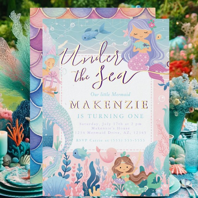 Whimsical Pastel Mermaid Under the Sea (Under the Sea mermaid birthday invitation with pastel ocean design and gold foil accents.)
