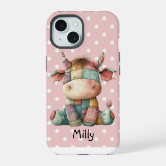 Whimsical Pastel Patchwork Cow Add Custom Name iPhone 15 Case