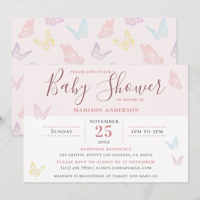 Whimsical Pastel Pink Butterfly Girl Baby Shower Invitation (Front/Back)