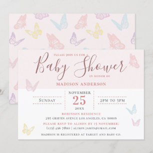 Whimsical Pastel Pink Butterfly Girl Baby Shower Invitation