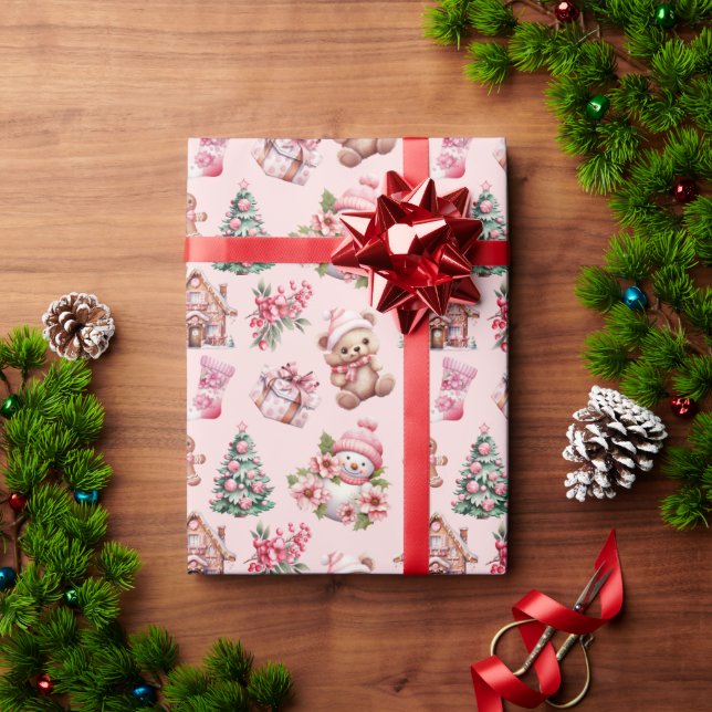 Whimsical Pastel Pink Christmas Pattern – Snowmen Wrapping Paper (Holiday Gift)
