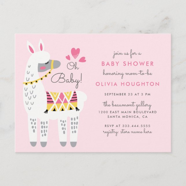 Whimsical Pastel Pink Llama Oh Baby Shower Invitation Postcard (Front)