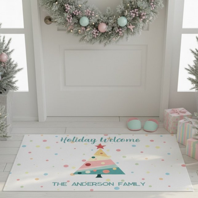 Whimsical Pastel Polka Dot Christmas Doormat (Personalilzed Pastel color polka dot Christmas tree door mat)